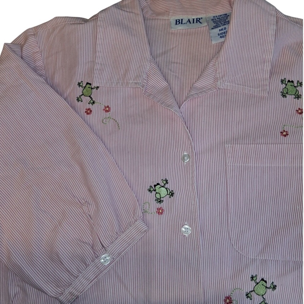 VTG BLAIR Womens Top Pink Pinstripe Embroidered Frogs Medium Cotton/Poly EUC